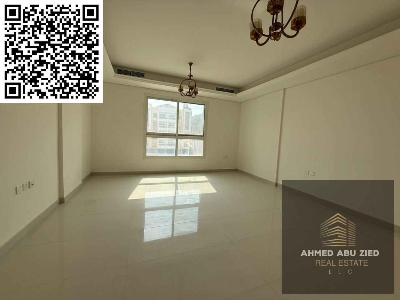 Brand new 3BR + living room apartment in Al Mowaihat 3, Ajman near Choueifat School, 3 baths, 2 master rooms, balcony, central AC, AED 61K/year, 4 pay