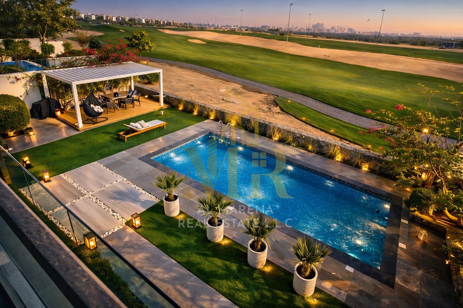 A stunning villa overlooking the golf course, featuring a super-modern design, 5 master bedrooms, 8500 sq ft of land, a garden, and a swimming pool. T