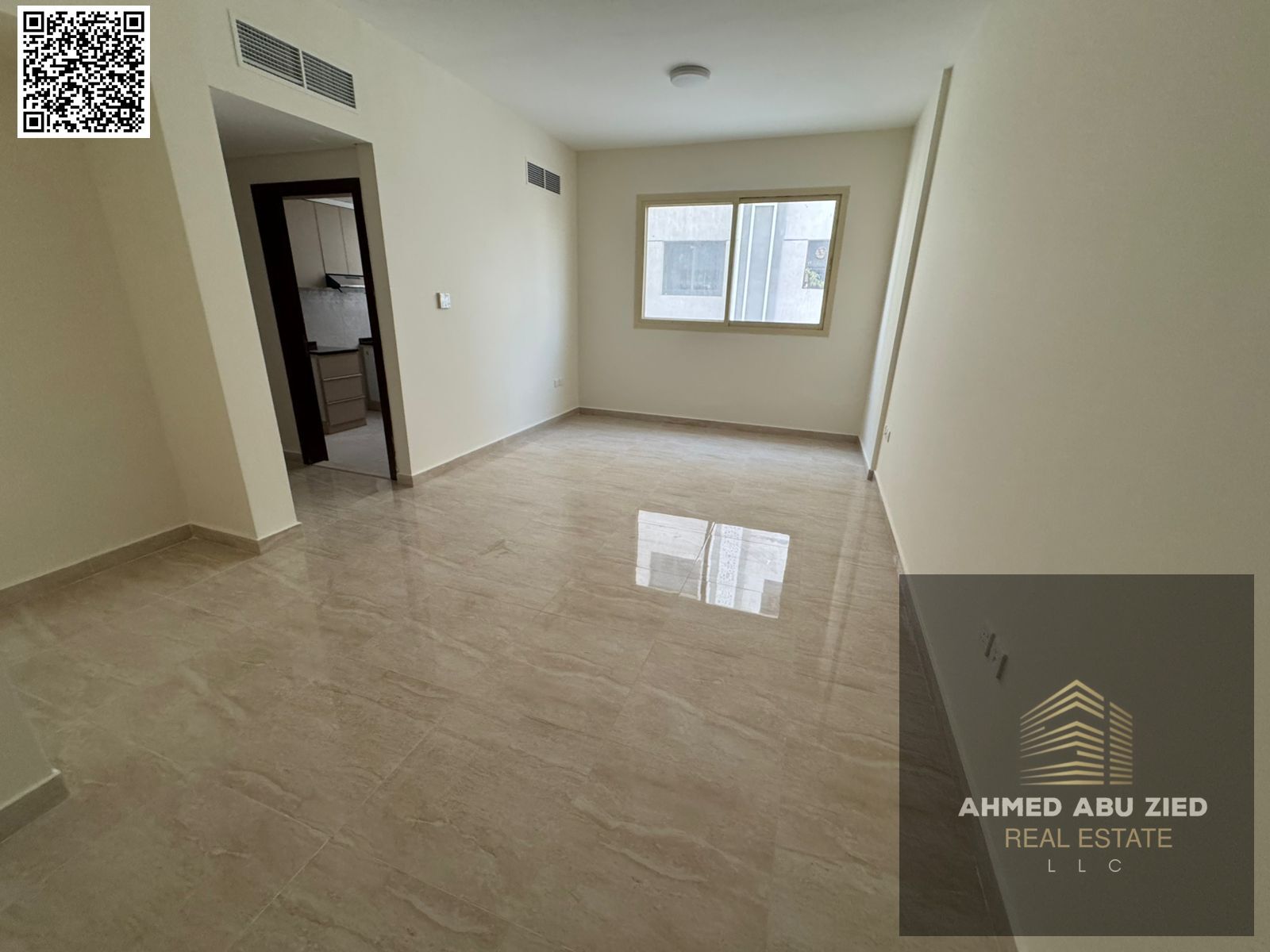 One bedroom and living room, first occupancy in Al Jurf 3. The bedroom is a master bedroom with an external bathroom in the living room. Central air c
