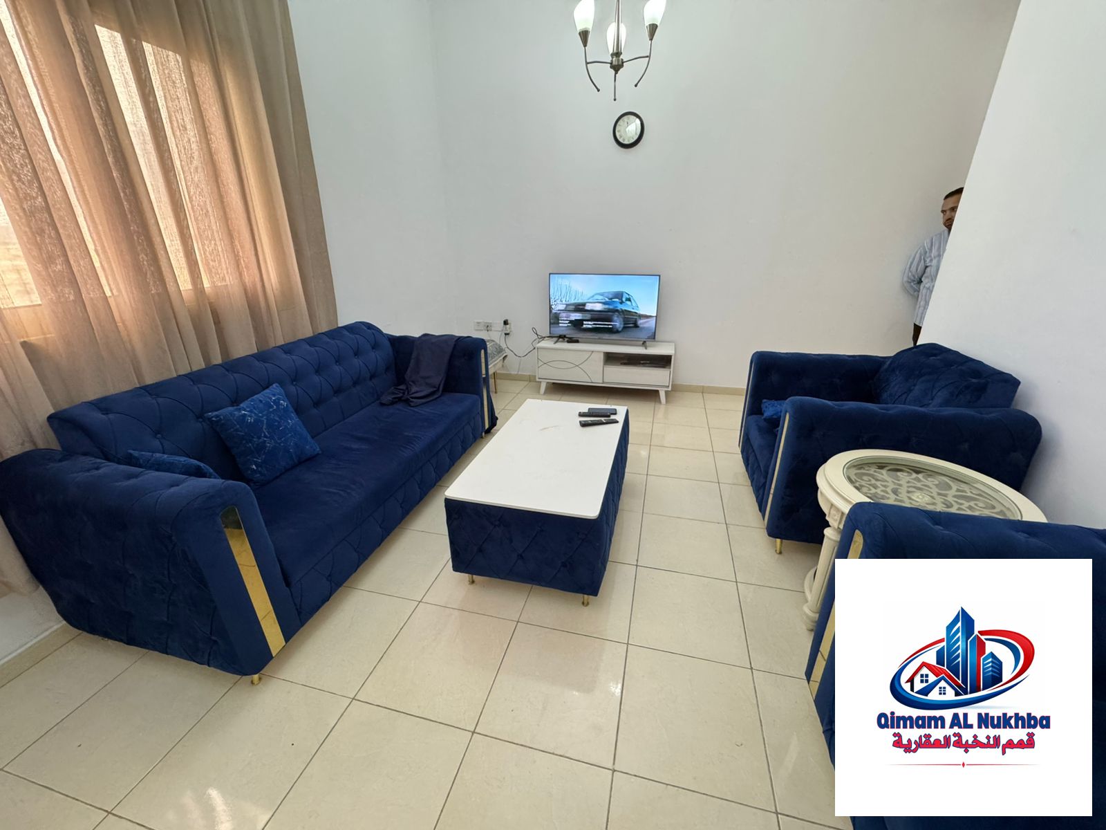 Two-bedroom apartment with a living room for monthly rent. Exclusive offer: 5,000 AED per month. The apartment features central air conditioning, cen